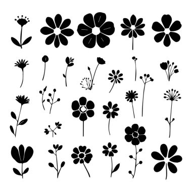 Çeşitli çiçeklerden oluşan basit siyah siluet koleksiyonu