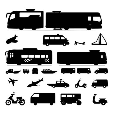 Siyah siluet koleksiyonu nakliye araçları ve uçaklar