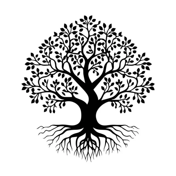 Ayrıntılı kökleri ve yaprakları olan siyah siluet ağacı