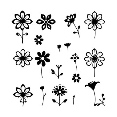 Siyah ve beyaz basit çiçek çizimleri koleksiyonu