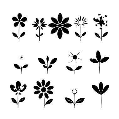 12 basit siyah çiçek ve bitki silueti koleksiyonu