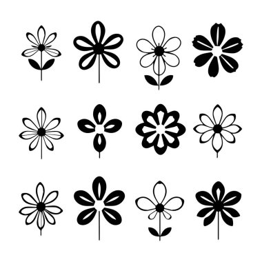 On iki basit siyah beyaz çiçek simgesi