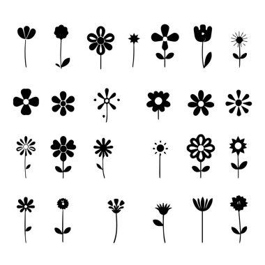 24 basit siyah çiçek simgesinin koleksiyonu