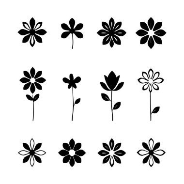 Beyaz arkaplanda on iki basit siyah çiçek simgesi