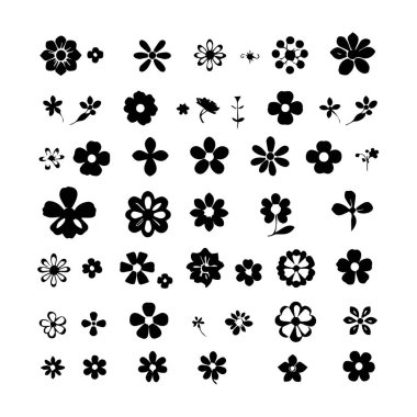 Siyah ve beyaz basit çiçek simgeleri ve çiçek elementleri koleksiyonu