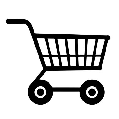 Beyaz arkaplanda basit bir siyah alışveriş arabası simgesi