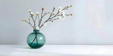 Yuvarlak bir cam vazodaki narin ama zarif beyaz çiçekli dallar açık gri bir arkaplanda el değmemiş beyaz bir yüzey üzerinde duruyor..