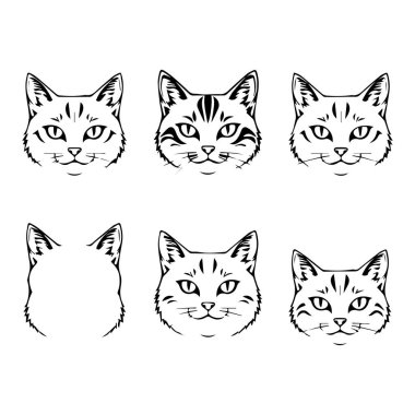 Siyah-beyaz kedi yüz resminin altı farklı versiyonu.