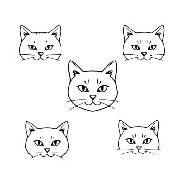 Sevimli kedi yüzlerinin dört basit çizimi