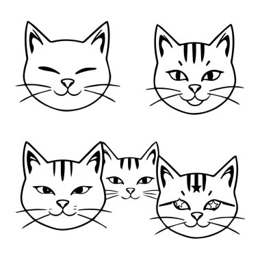 Tasarım için dört sevimli kedi yüzü çizgisi çizimi