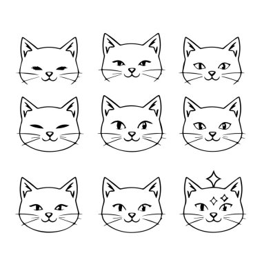Tasarım için dokuz sevimli kedi yüzü çizimi
