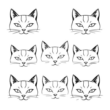 Sekiz sevimli kedi baskılar için çizgilere bakıyor.