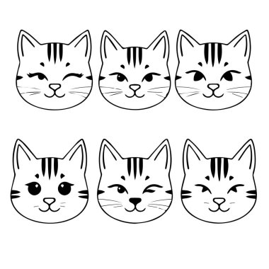 Farklı ifadeleri olan altı sevimli kedi yüzü. Siyah ve beyaz çizimler.