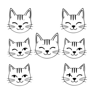 Farklı ifadeleri olan altı sevimli kedi yüzü. Siyah ve beyaz çizimler.