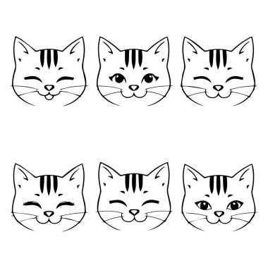 Değişik ifadeli altı sevimli kedi yüzü Mutlu göz kırpmalar ve kapalı gözler