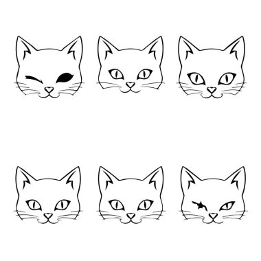 Değişik ifadeleri olan, gülümseyen ve şakacı altı sevimli kedi yüzü.