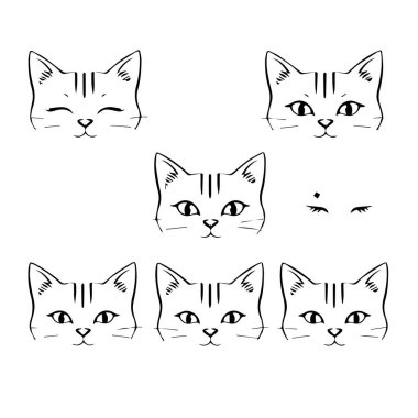 Basit sanat tarzında değişken ifadeleri olan sevimli kedi yüzleri koleksiyonu