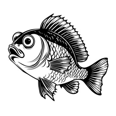 Büyük gözlü bir karikatür balığının siyah beyaz çizimi