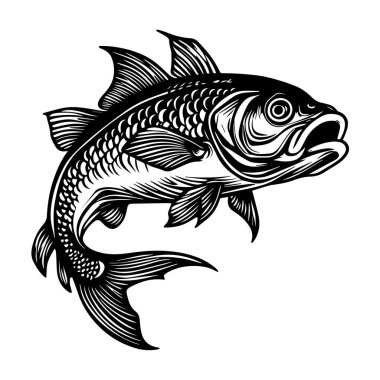 Ayrıntılı yüzgeçleri ve pulları olan sıçrayan bir balığın siyah beyaz çizimi