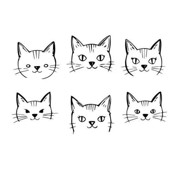 Altı sevimli el çizimi kedi yüzleri seti
