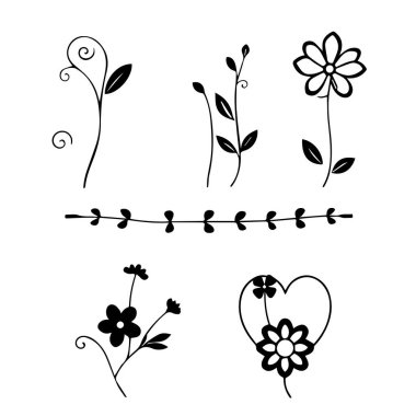Basit siyah çiçek elementleri ve çizgi sanat tasarımları koleksiyonu