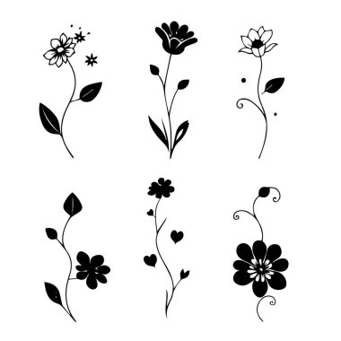 Dekorasyon için altı basit siyah ve beyaz çiçek tasarımı