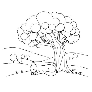 Basit bir manzarada büyük bir ağacın altında uyuyan tilki.