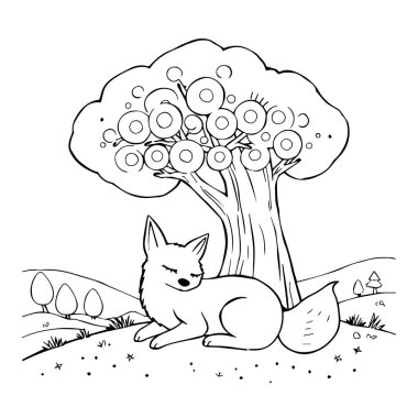 Şirin tilki büyük bir ağaç boyama sayfasının altında uyuyor.