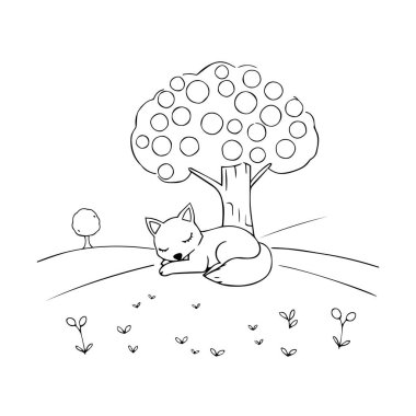 Çayırdaki ağacın altında uyuyan şirin tilki.