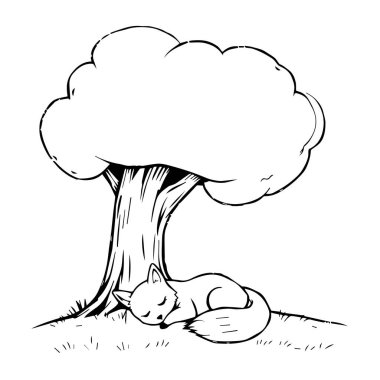 Büyük bir ağaç resminin altında uyuyan tilki