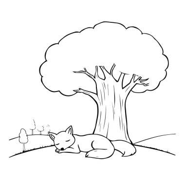 Basit bir çizimle büyük bir ağacın altında uyuyan tilki.