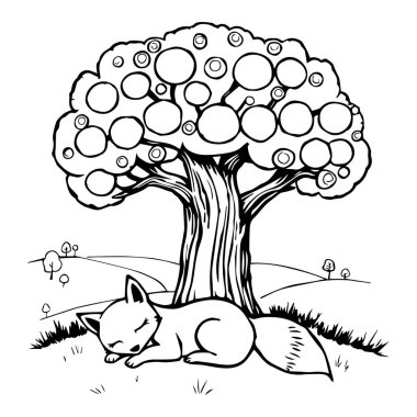 Bir meyve ağacının altında uyuyan tilki, siyah beyaz çizimler.