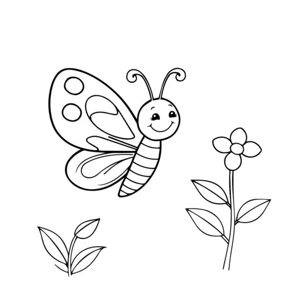 Sevimli çizgi film kelebeği ve çiçek boyama sayfası çizimi