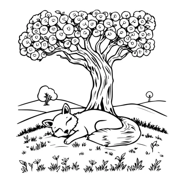 Çayırdaki bir meyve ağacının altında uyuyan tilki