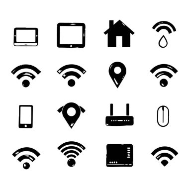 Kablosuz teknoloji ve aygıtların el çizimi siyah simgeleri