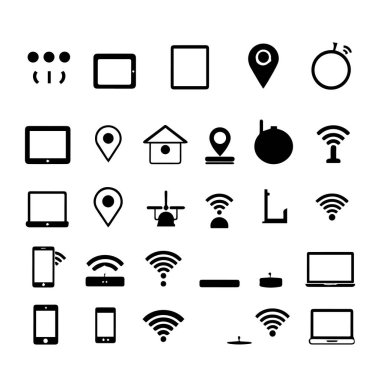 Siyah kablosuz teknoloji ve konum simgeleri koleksiyonu