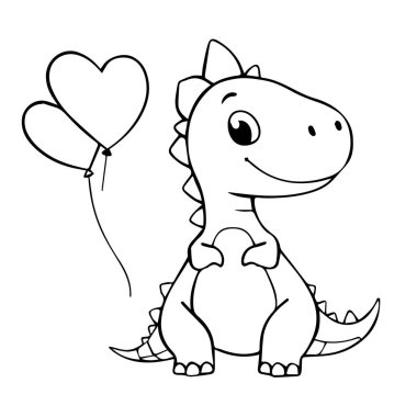 Kalp balonları boyama sayfası olan sevimli bir karikatür dinozor.