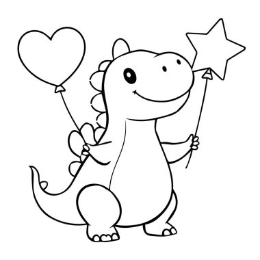 Kalp balonu ve yıldız tutan sevimli bir karikatür dinozor.