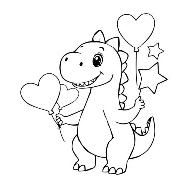 Kalp balonları ve yıldızlar tutan sevimli bir karikatür dinozor.