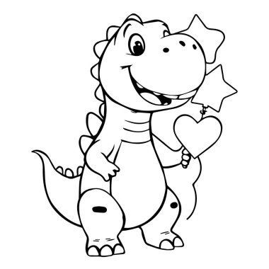 Kalbi ve yıldız boyama sayfasını tutan sevimli bir karikatür dinozor.