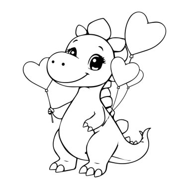 Kalp balonları tutan sevimli bir karikatür dinozor.