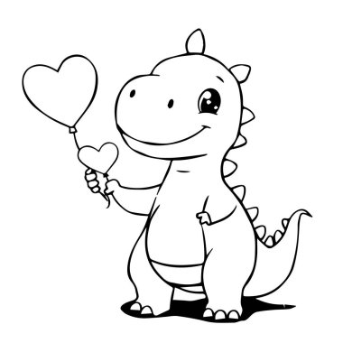 Sevimli karikatür dinozoru kalp balonu tutuyor.