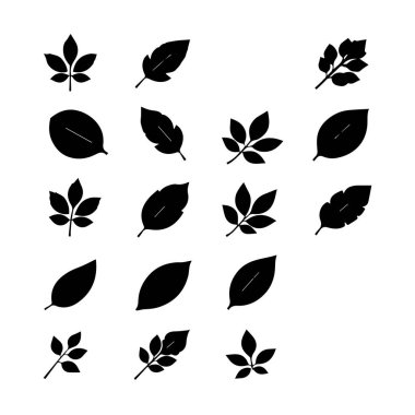 Beyaz arkaplanda on altı siyah yaprak silueti koleksiyonu