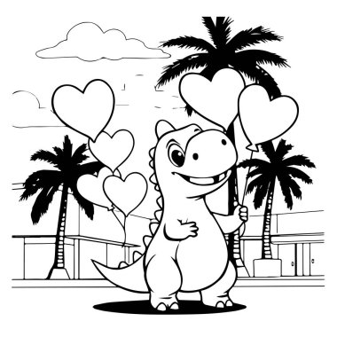 Tropikal ortamda kalp balonları tutan sevimli karikatür dinozoru.