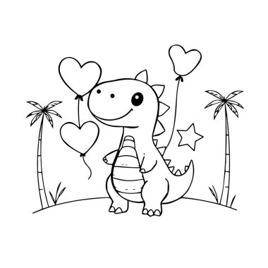 Tropikal adada kalp balonları tutan sevimli bir dinozor çizgi filmi.