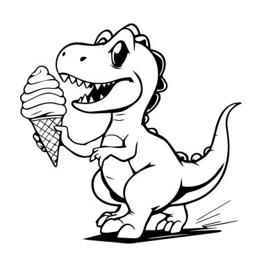Tatlı çizgi film dinozoru lezzetli bir dondurma külahının tadını çıkarıyor.