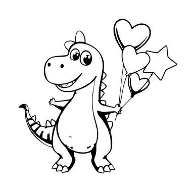 Kalp ve yıldız balonları tutan sevimli bir karikatür dinozor.