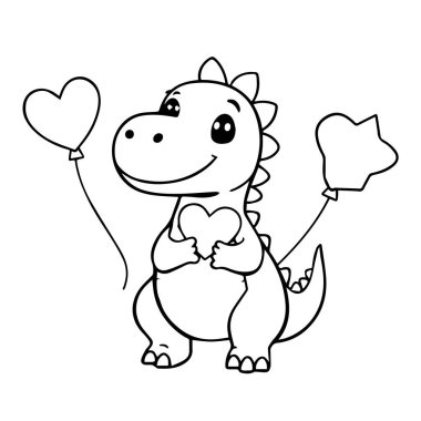 Balonlu kalbi tutan sevimli bir karikatür dinozor.