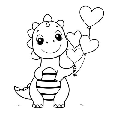 Sevimli karikatür dinozoru elinde kalp balonları boyama sayfası
