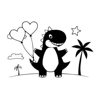 Kalp balonları tutan sevimli bir karikatür dinozoru. Tropik bir sahne.